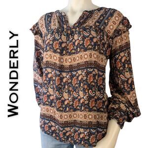 Wonderly Boho Top Large Brown Blue Paisley Stripe Gold Split Neck Flowy Peasant